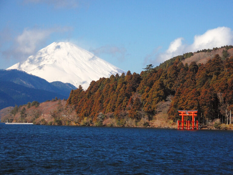 蘆之湖畔的紅色鳥居與遠方的富士山
